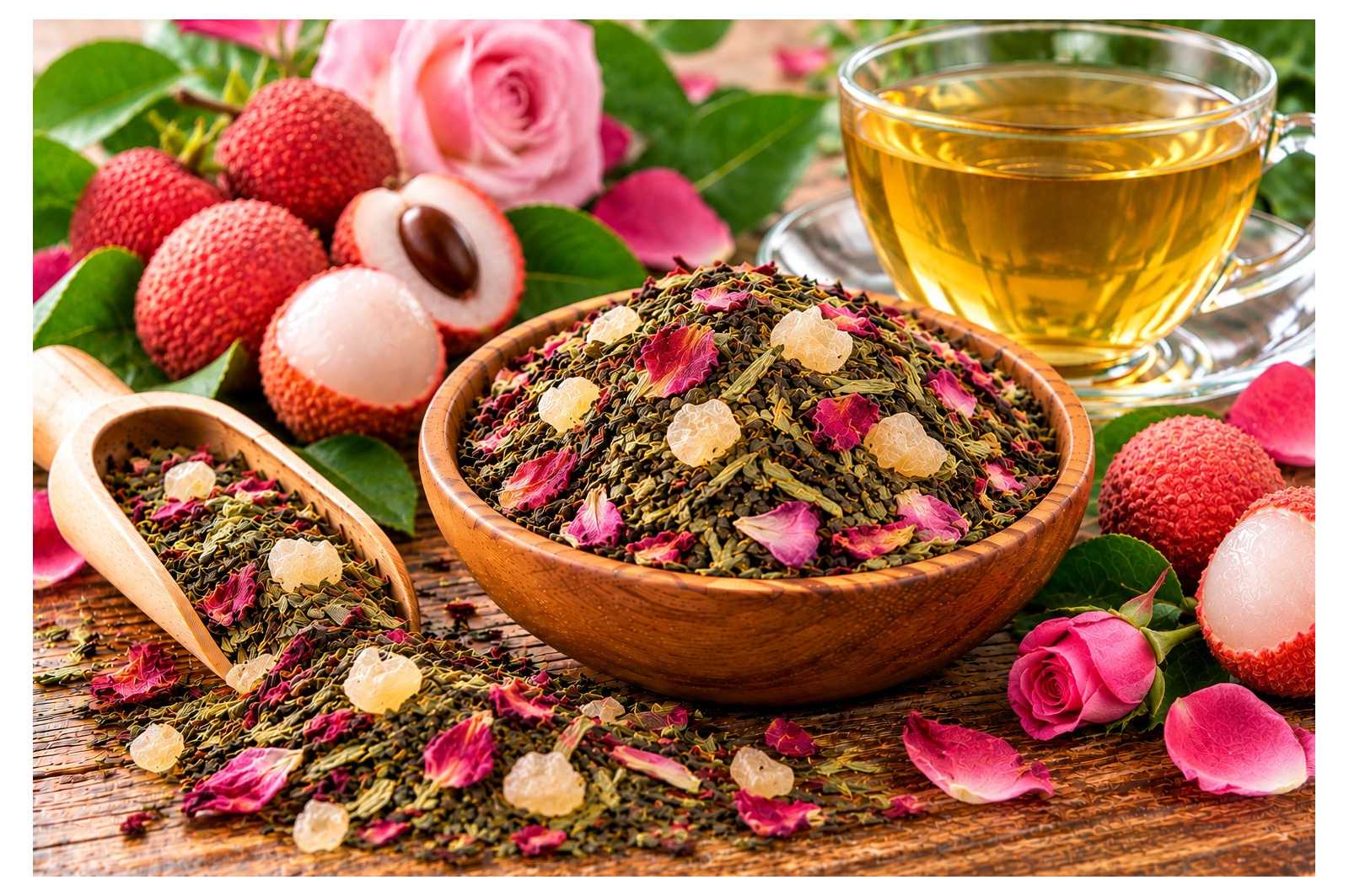 Thé vert Litchi Rose- Sachet 100g