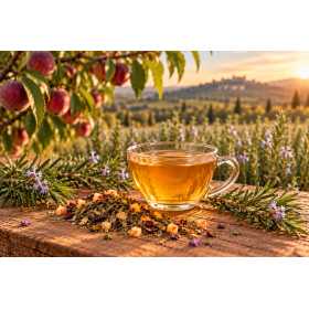 Infusion Pêche Romarin - Une pause douce et aromatique à découvrir sur Voila-les-thes.com