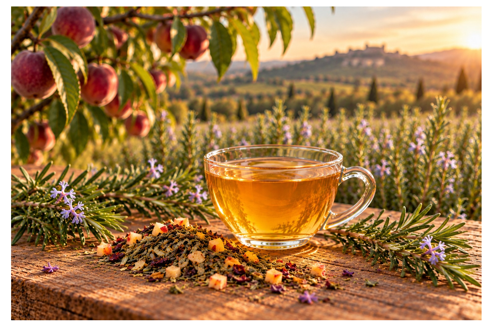 Infusion Pêche Romarin - Une pause douce et aromatique à découvrir sur Voila-les-thes.com